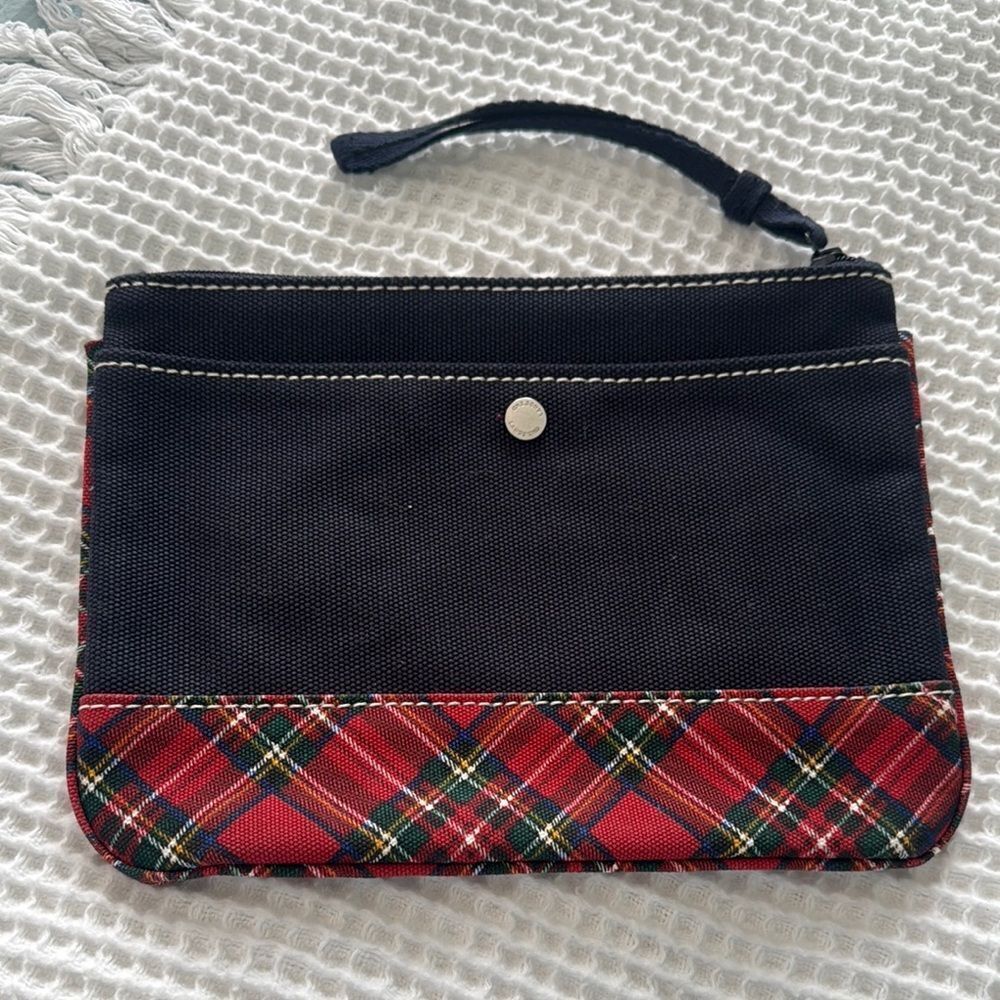LN! *Lands End* Plaid Trim Classic Navy Red Plaid Clutch Travel Case